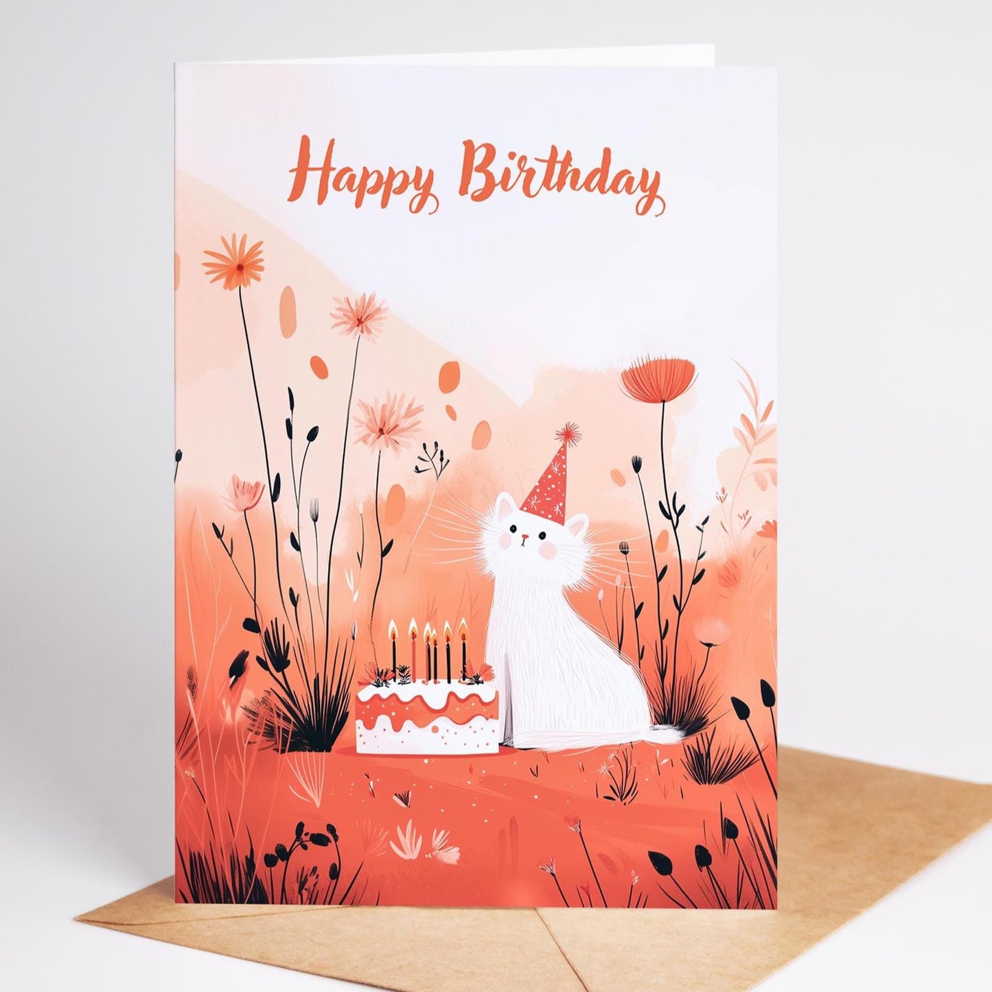 Cat folk-art greeting card, blank inside