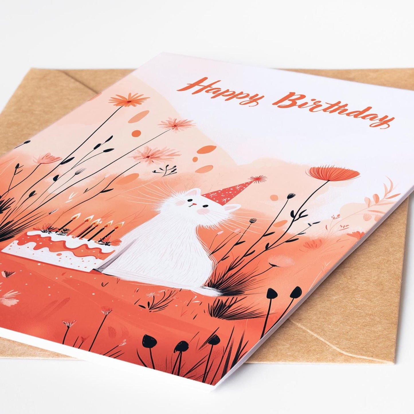 Cat folk-art greeting card, blank inside