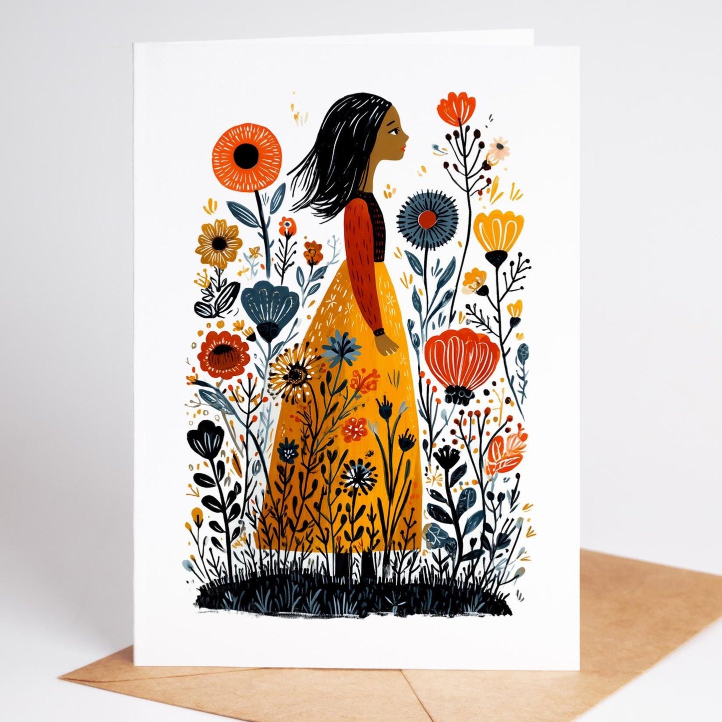 Floral folk-art greeting card, blank inside