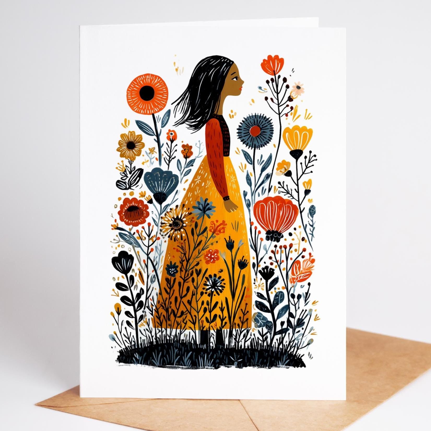 Floral folk-art greeting card, blank inside
