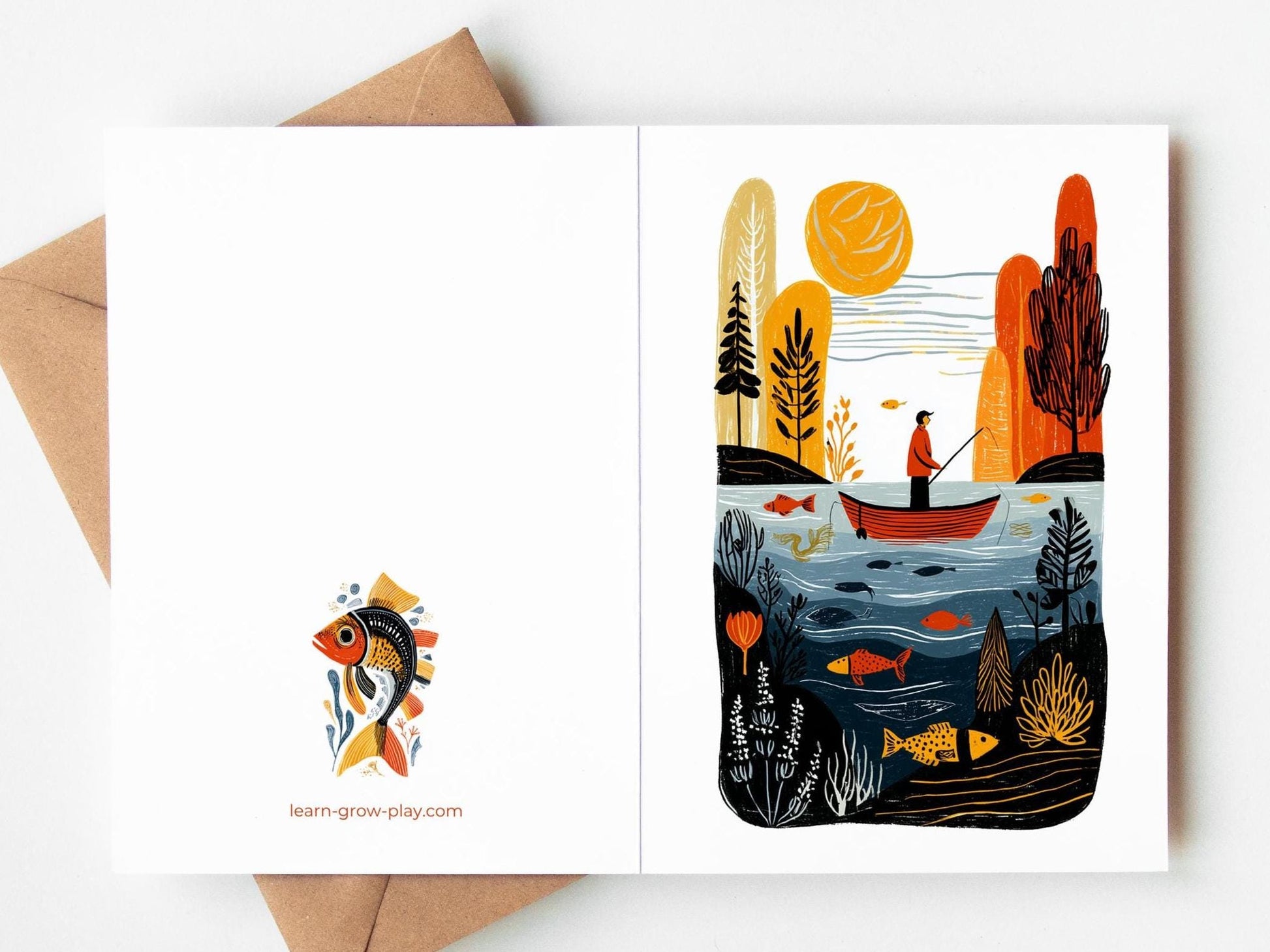 Fishing folk-art greeting card, blank inside