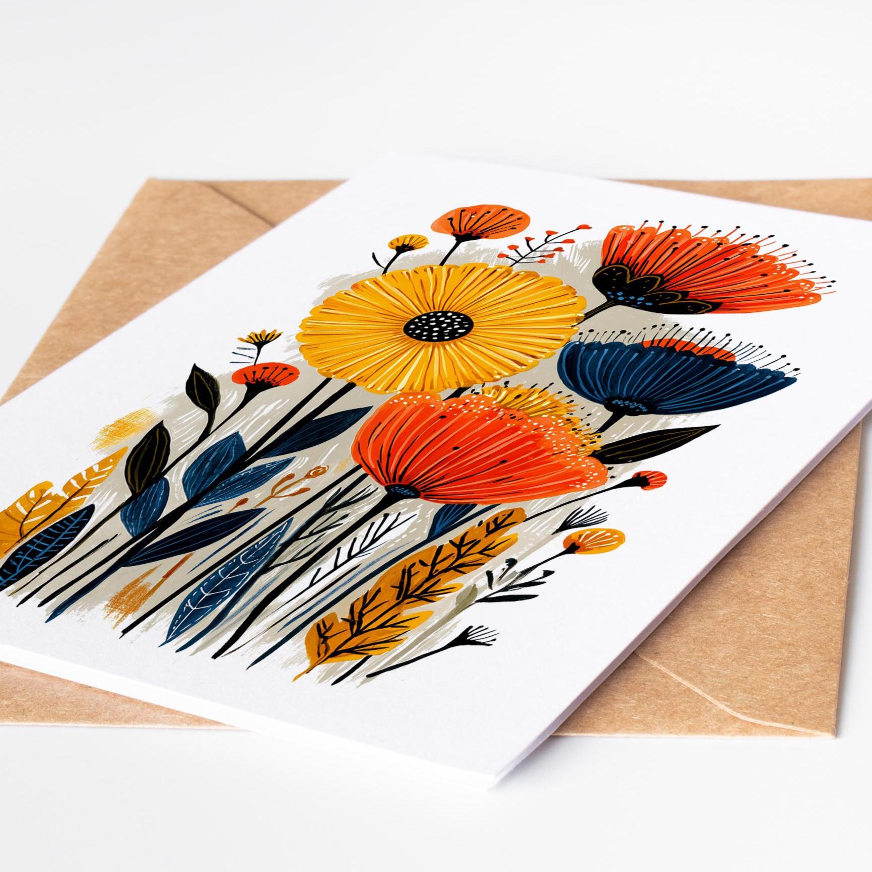 Wildflower folk-art greeting card, blank inside