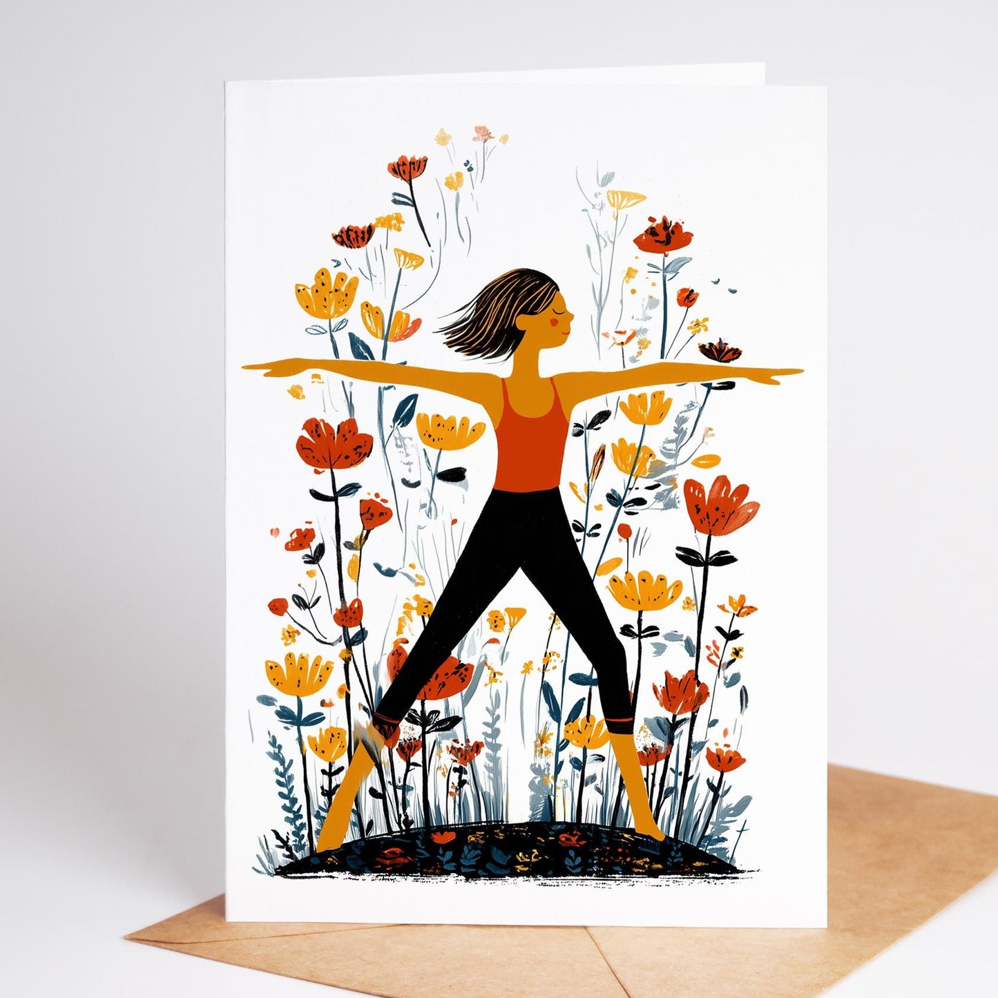 Yoga folk-art greeting card, blank inside