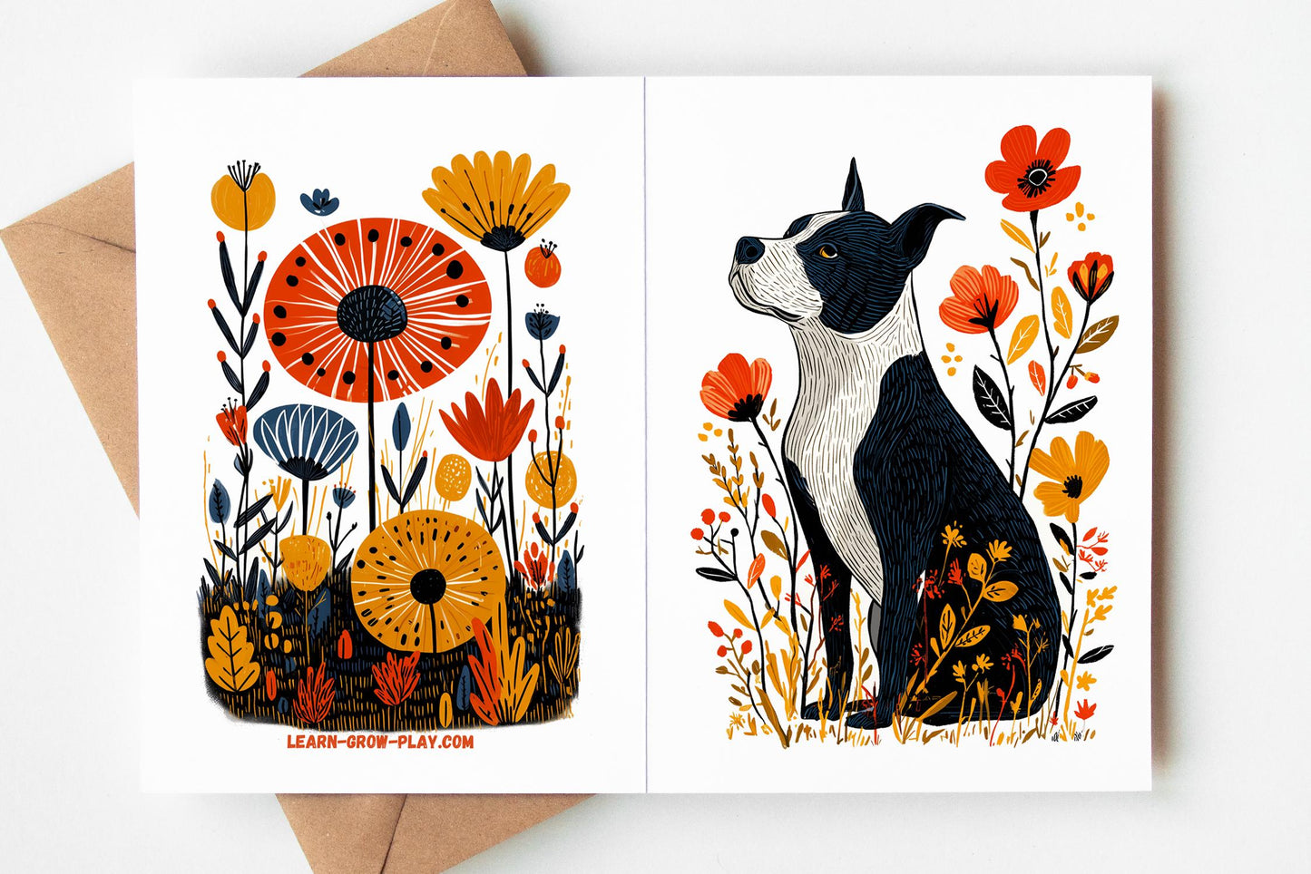 Pitbull folk-art greeting card, blank inside