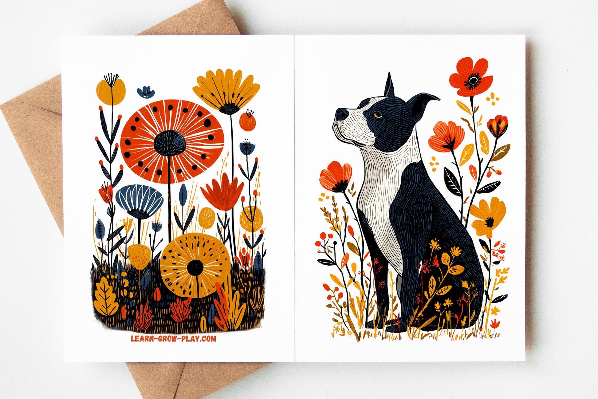 Pitbull folk-art greeting card, blank inside