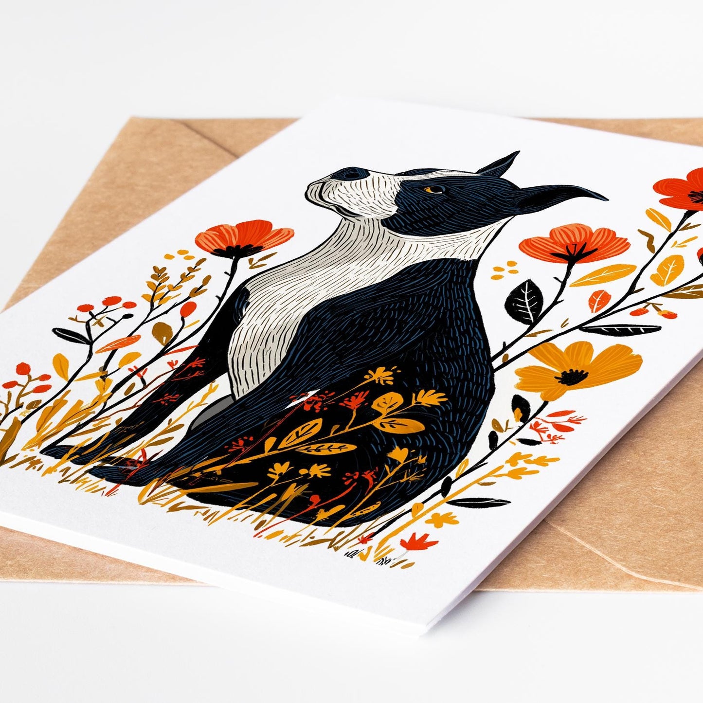 Pitbull folk-art greeting card, blank inside