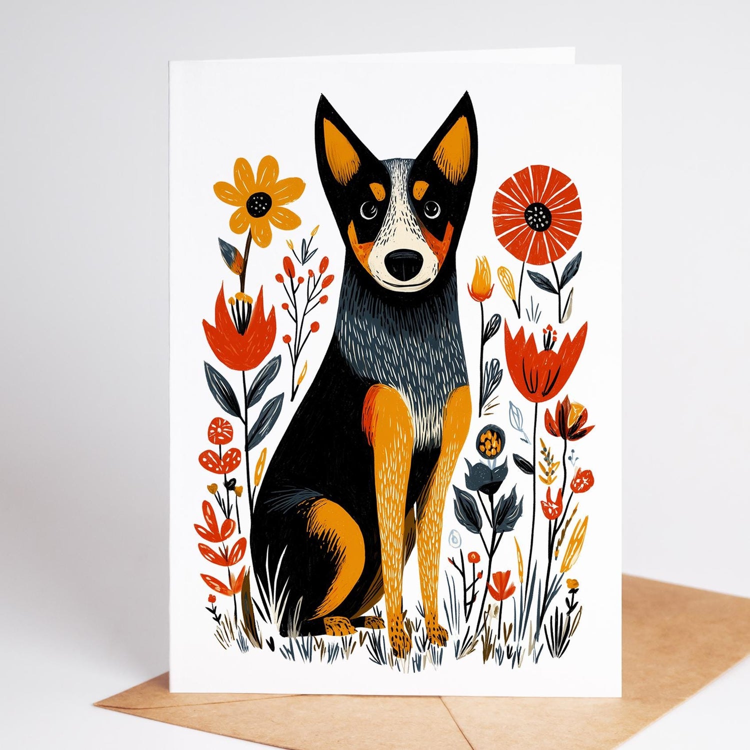 Blue Heeler folk-art greeting card, blank inside