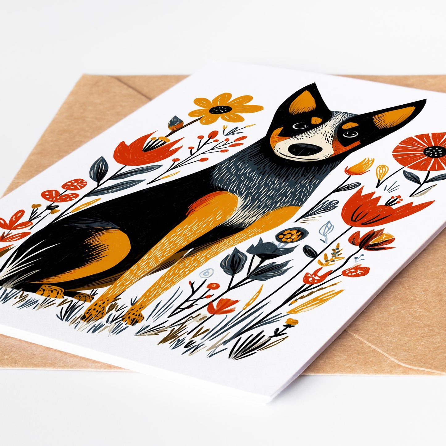 Blue Heeler folk-art greeting card, blank inside