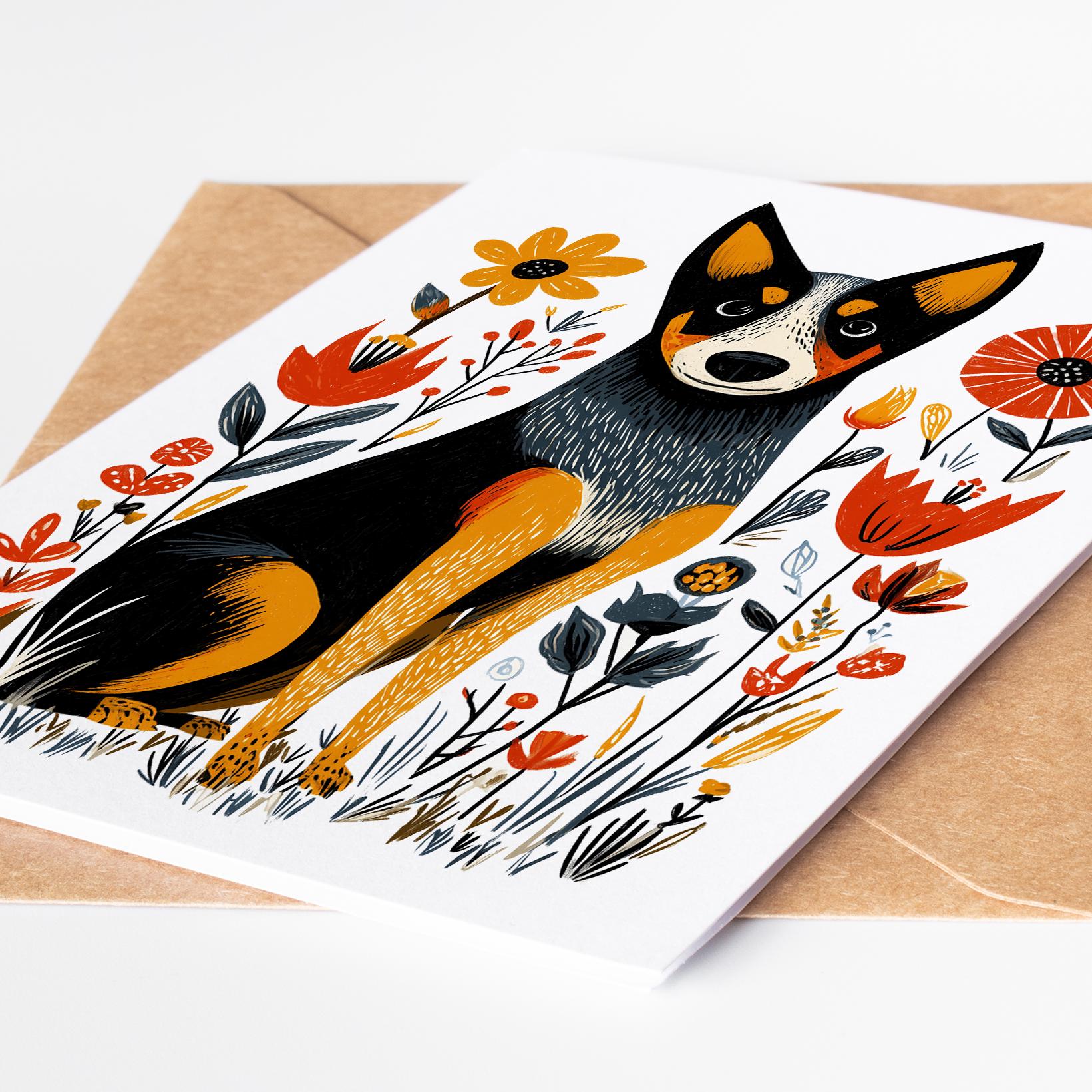 Blue Heeler folk-art greeting card, blank inside
