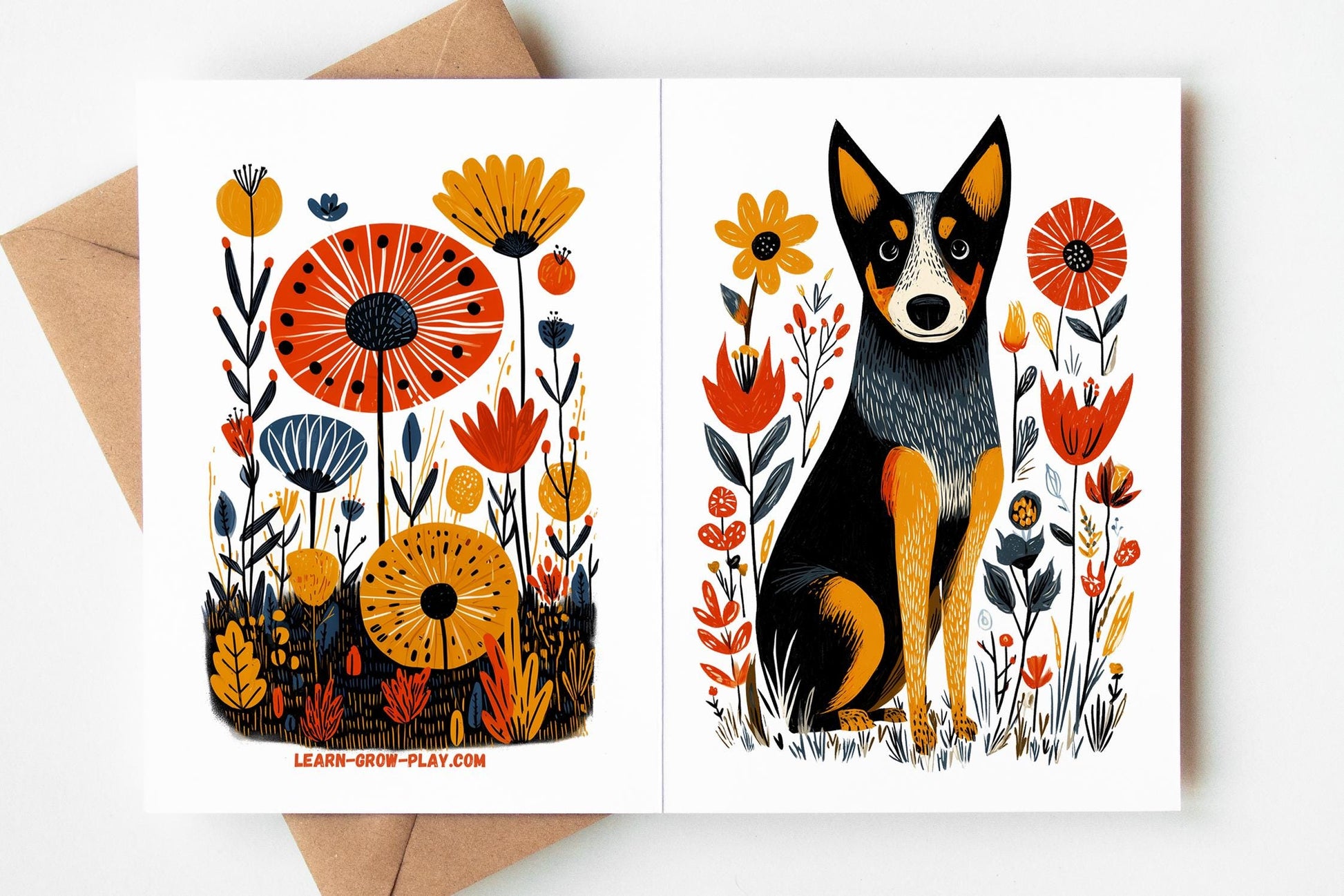 Blue Heeler folk-art greeting card, blank inside