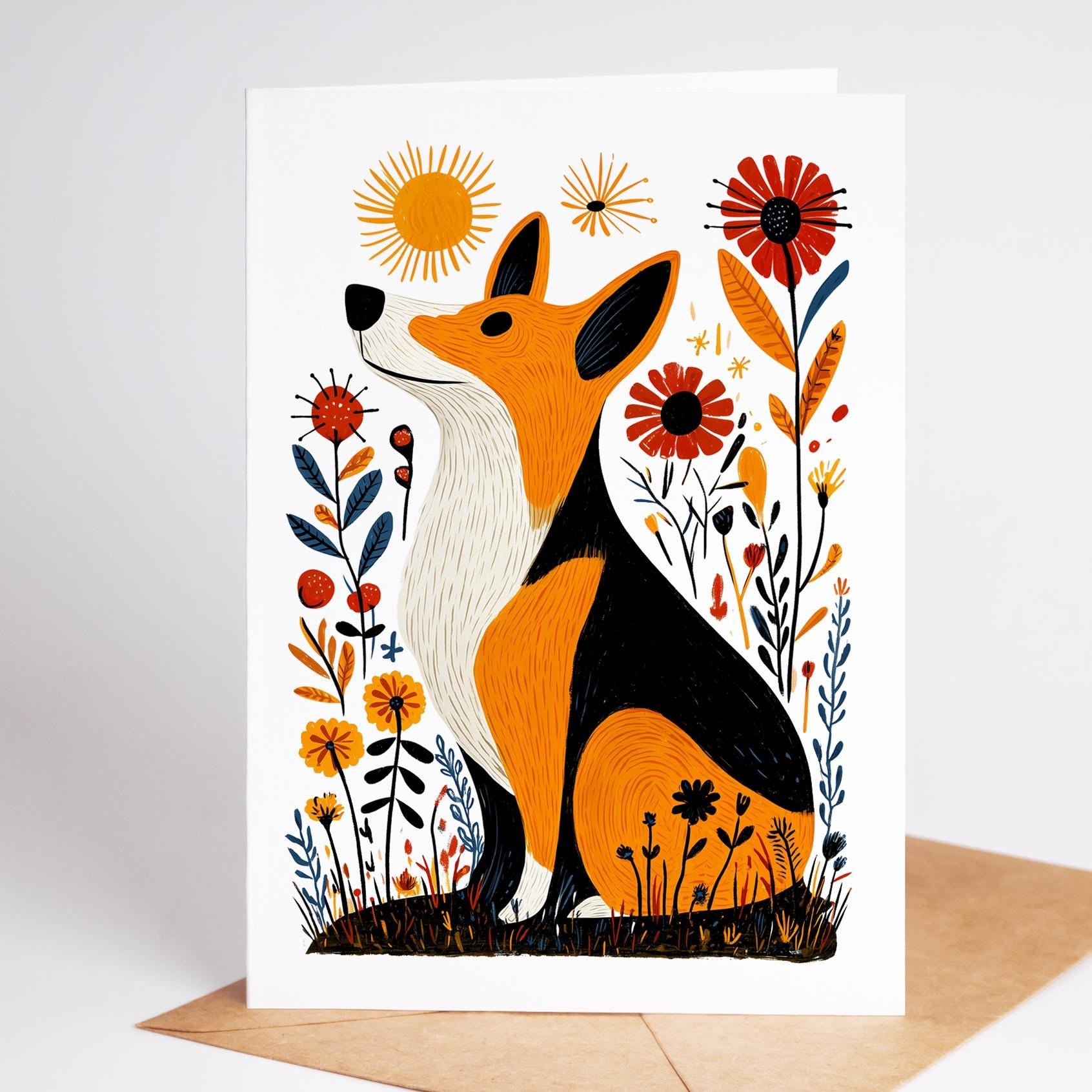 Corgi folk-art greeting card, blank inside