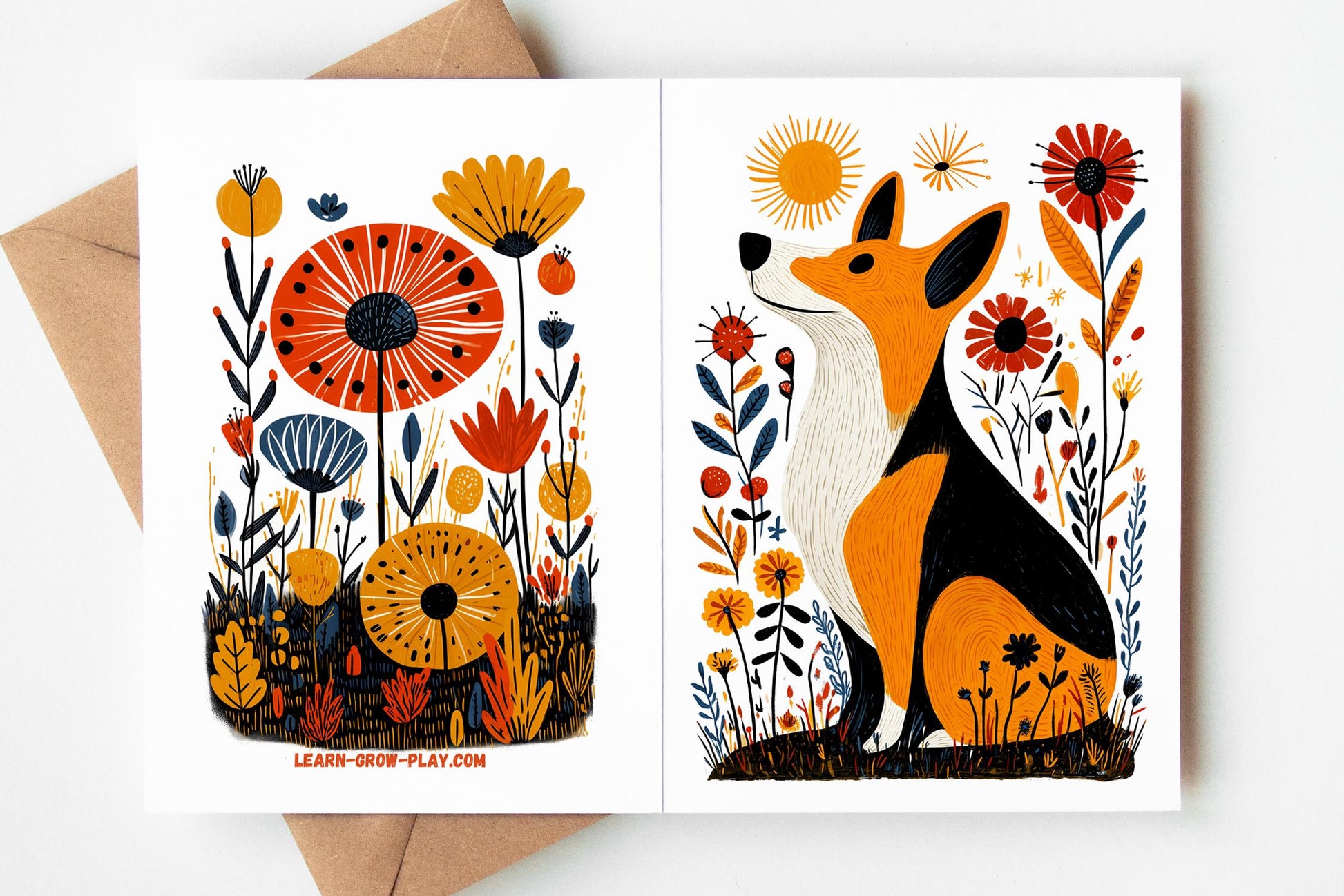 Corgi folk-art greeting card, blank inside