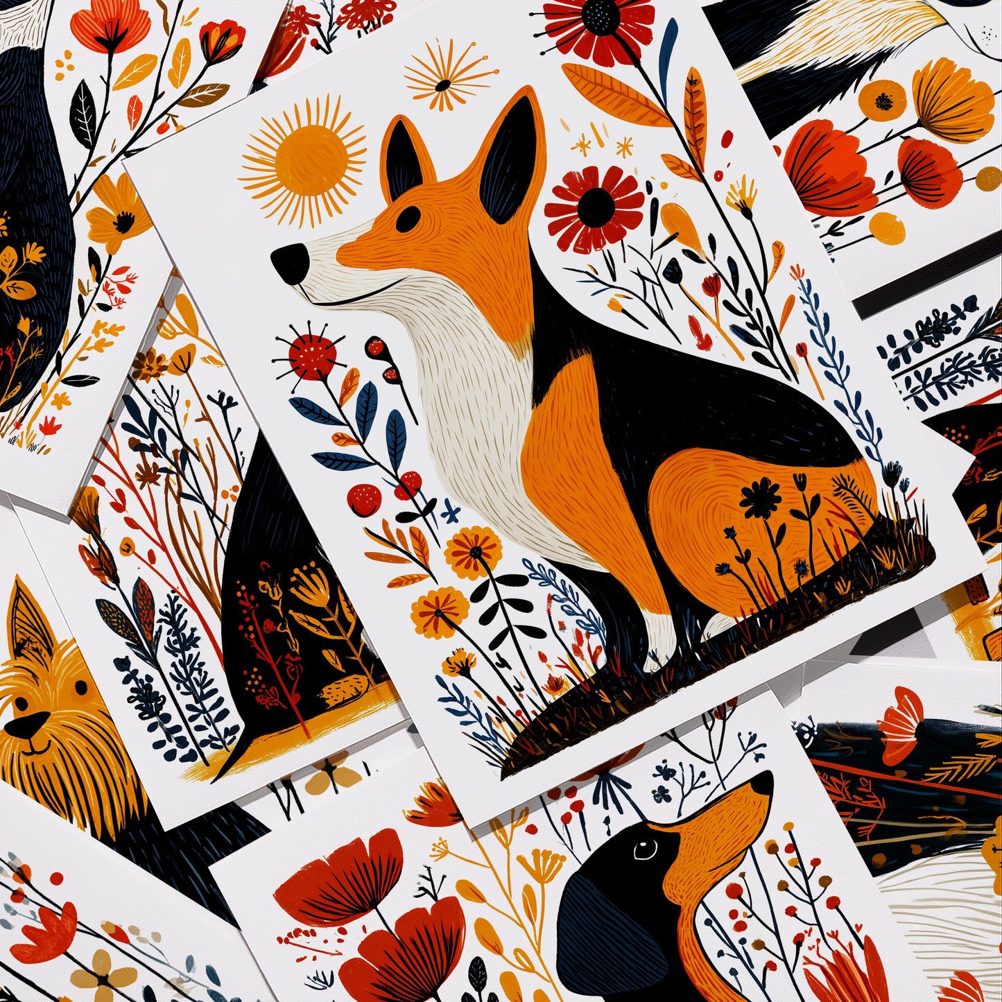 Corgi folk-art greeting card, blank inside