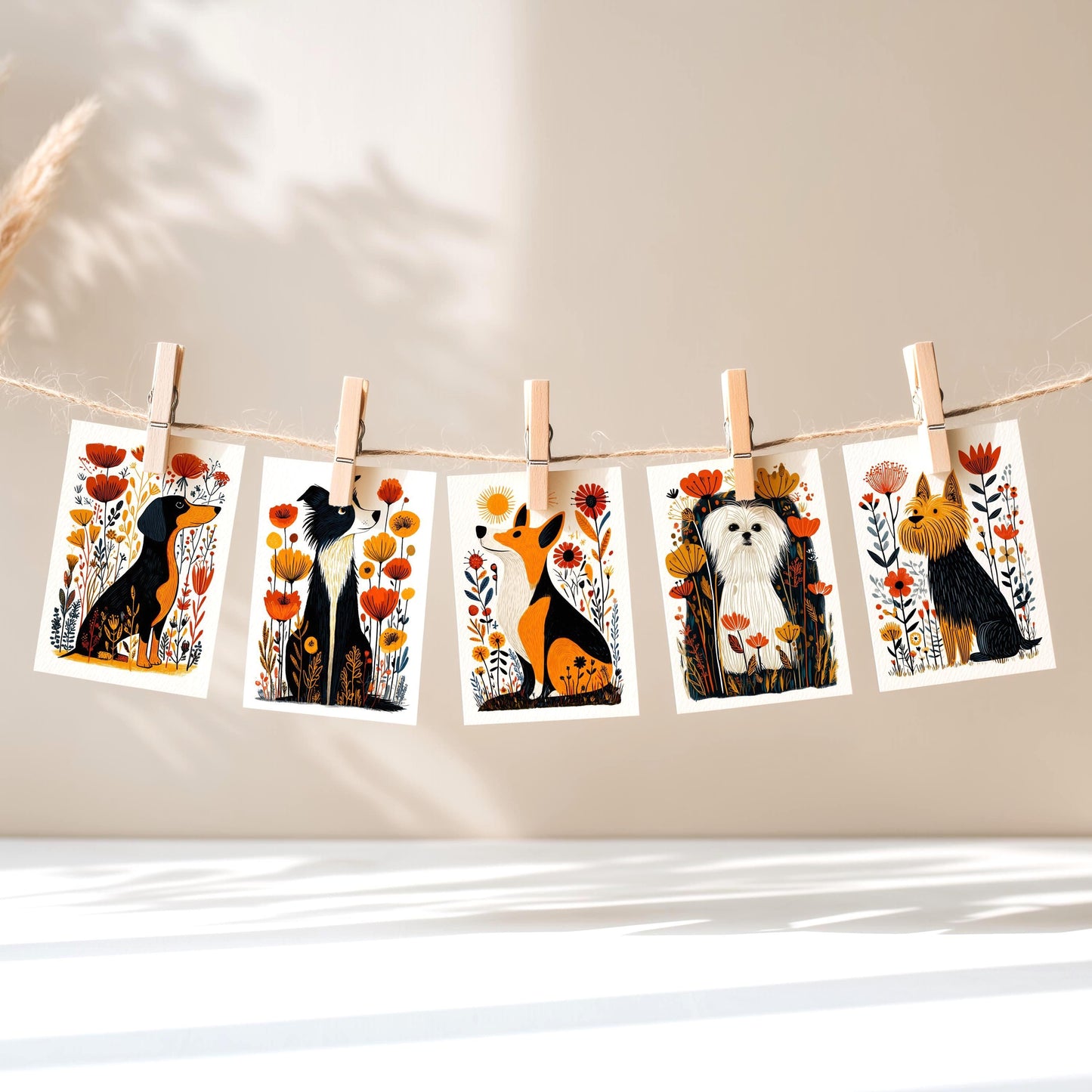 Corgi folk-art greeting card, blank inside