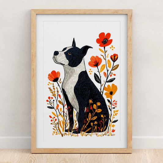 Pitbull Floral folk-art art print, blank inside