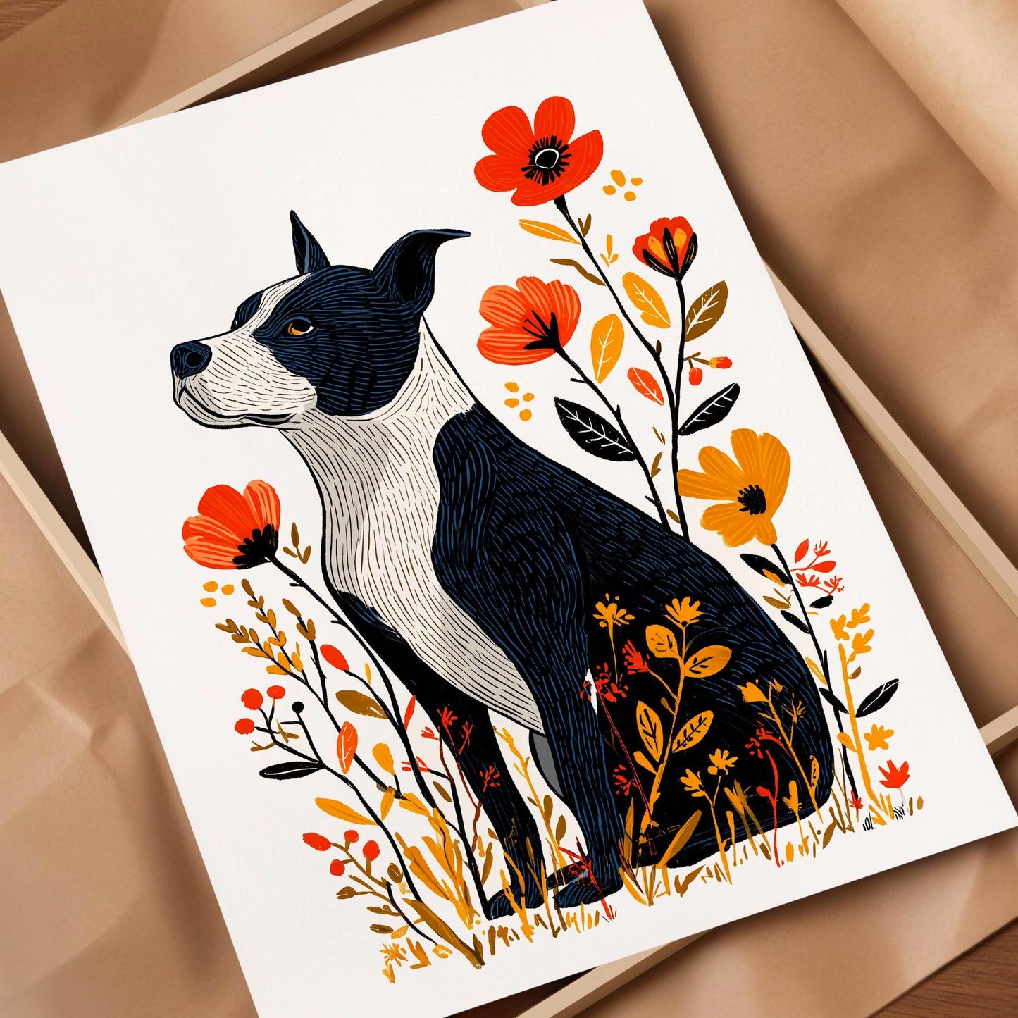 Pitbull Floral folk-art art print, blank inside
