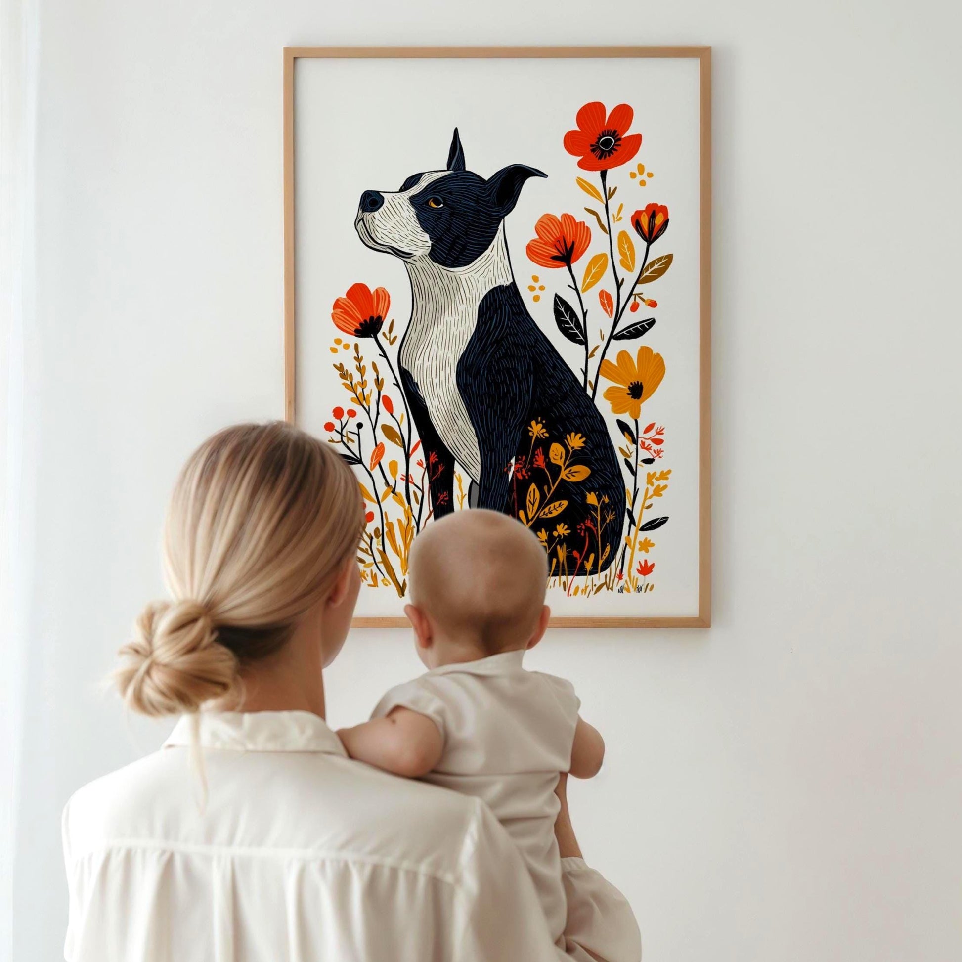 Pitbull Floral folk-art art print, blank inside