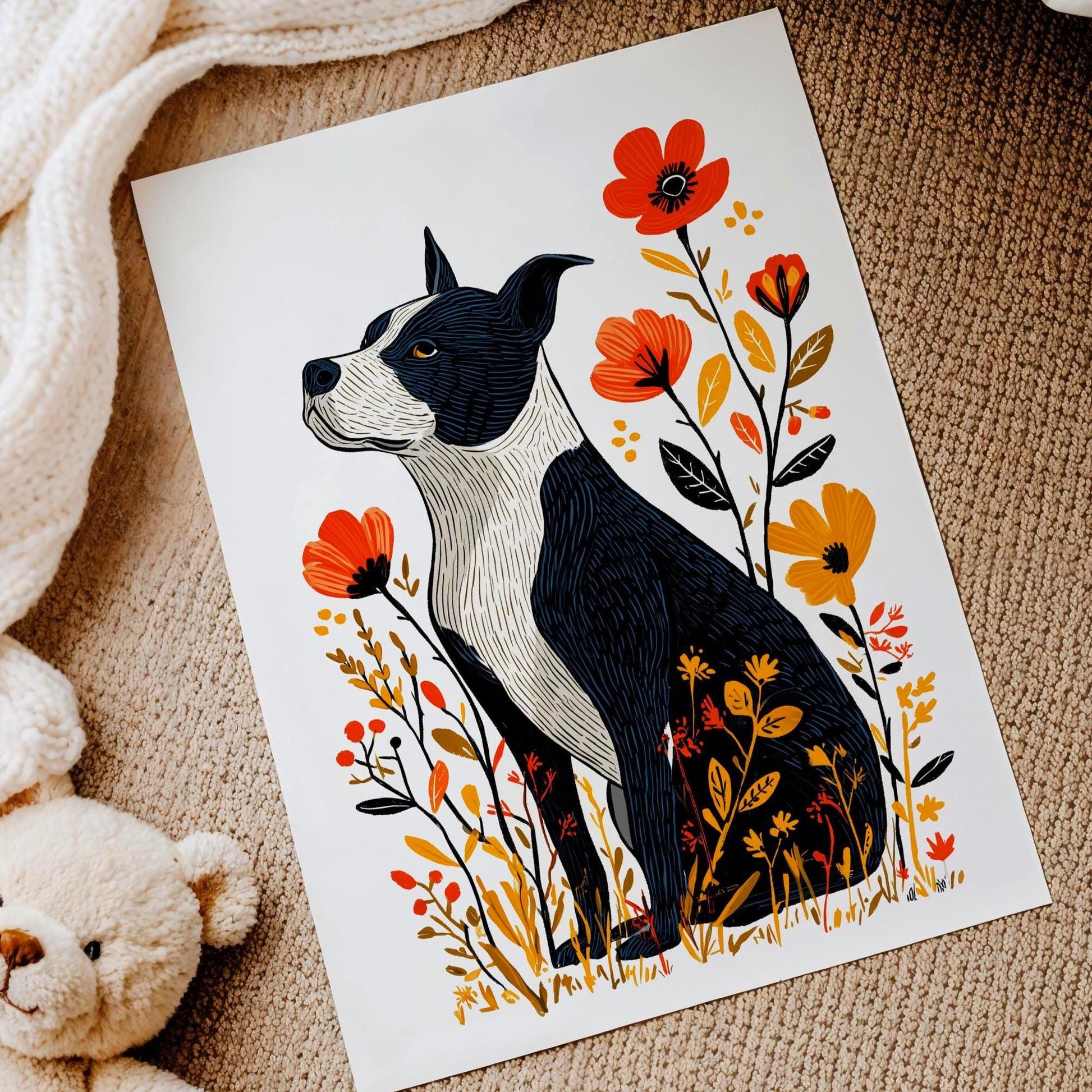 Pitbull Floral folk-art art print, blank inside
