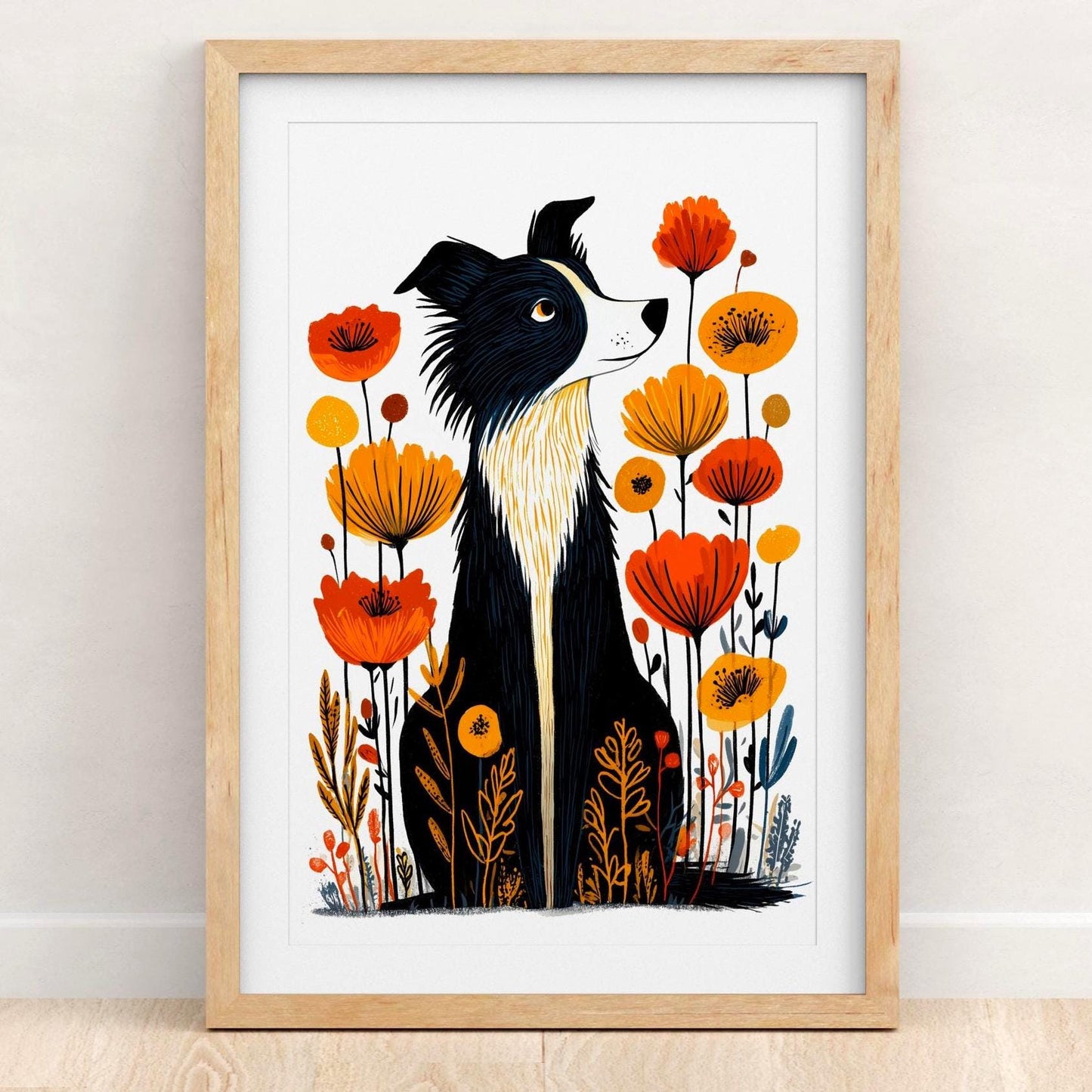 Collie Floral folk-art art print, blank inside