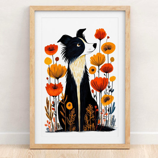 Collie Floral folk-art art print, blank inside