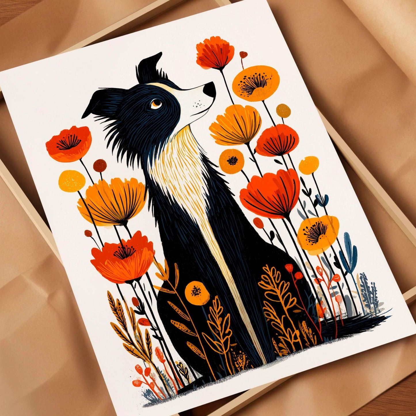 Collie Floral folk-art art print, blank inside