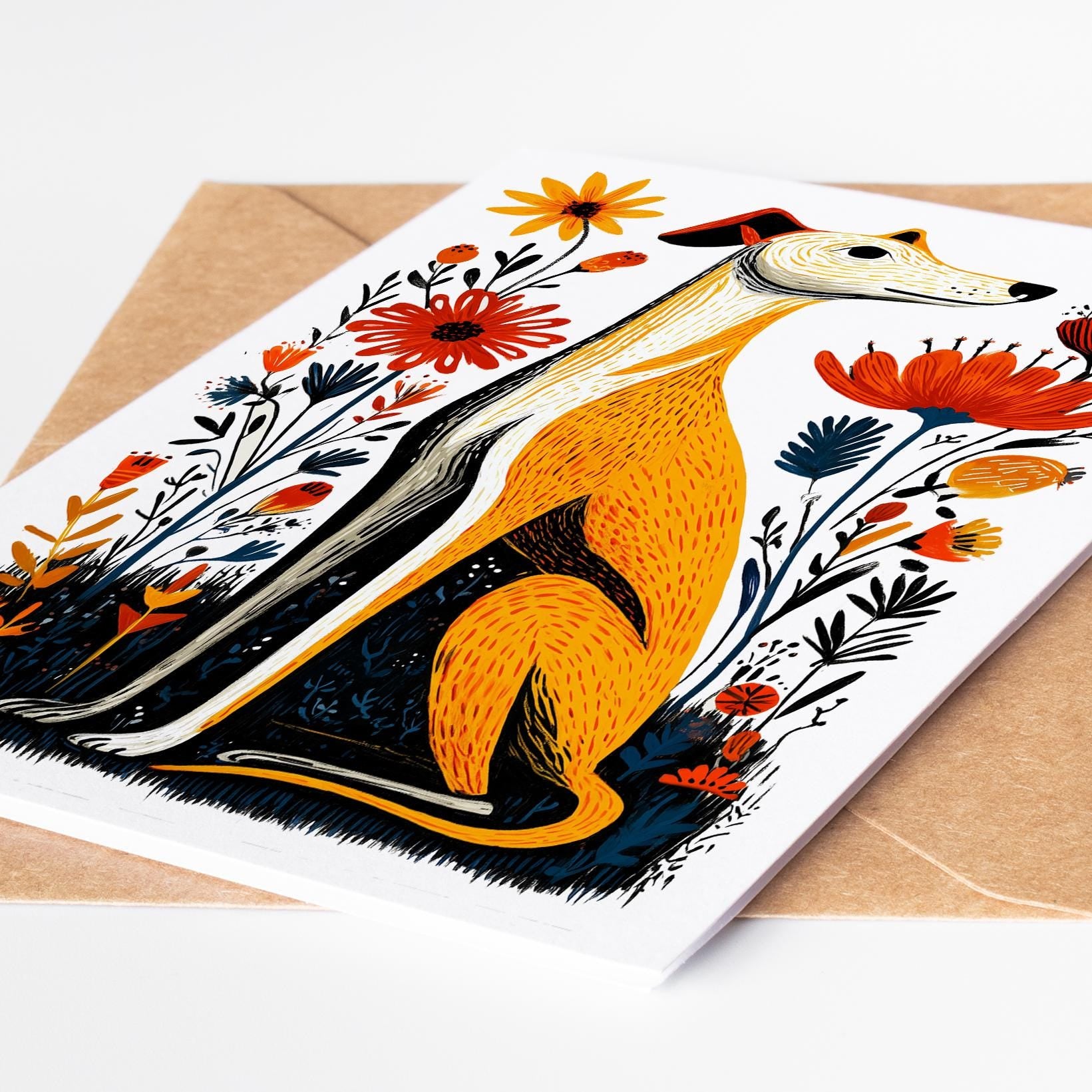 Whippet Linocut folk-art greeting card, blank inside