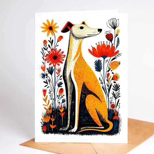 Whippet Linocut folk-art greeting card, blank inside