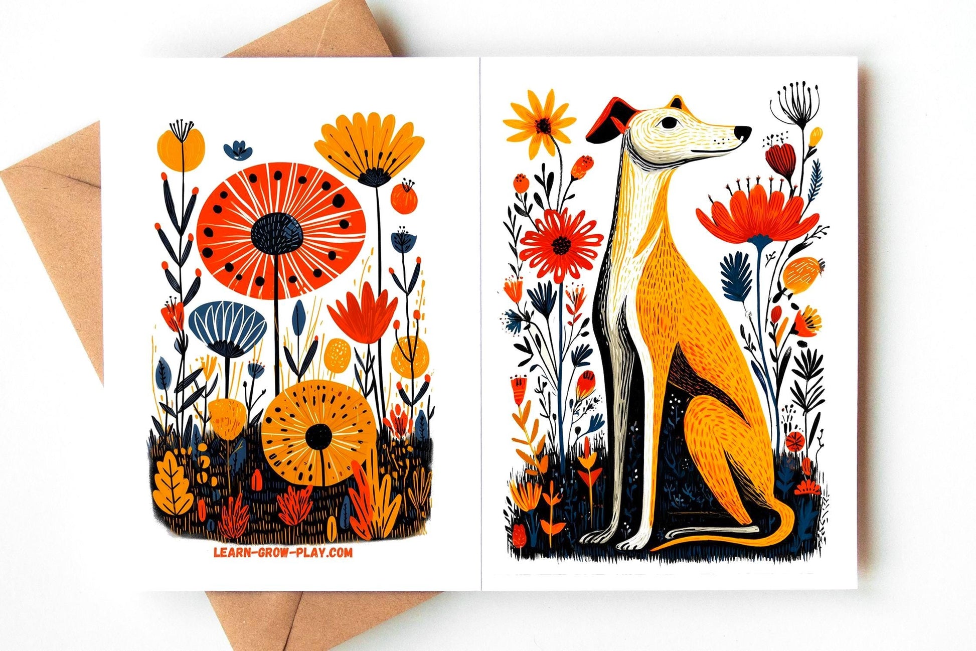 Whippet folk-art greeting card, blank inside