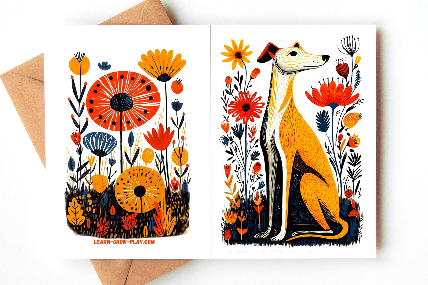 Whippet Linocut folk-art greeting card, blank inside