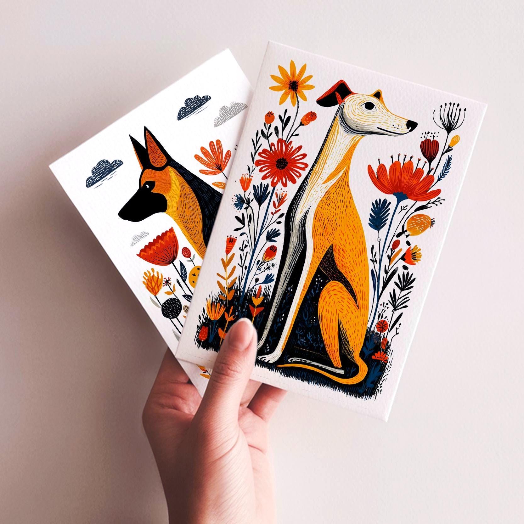 Whippet Linocut folk-art greeting card, blank inside