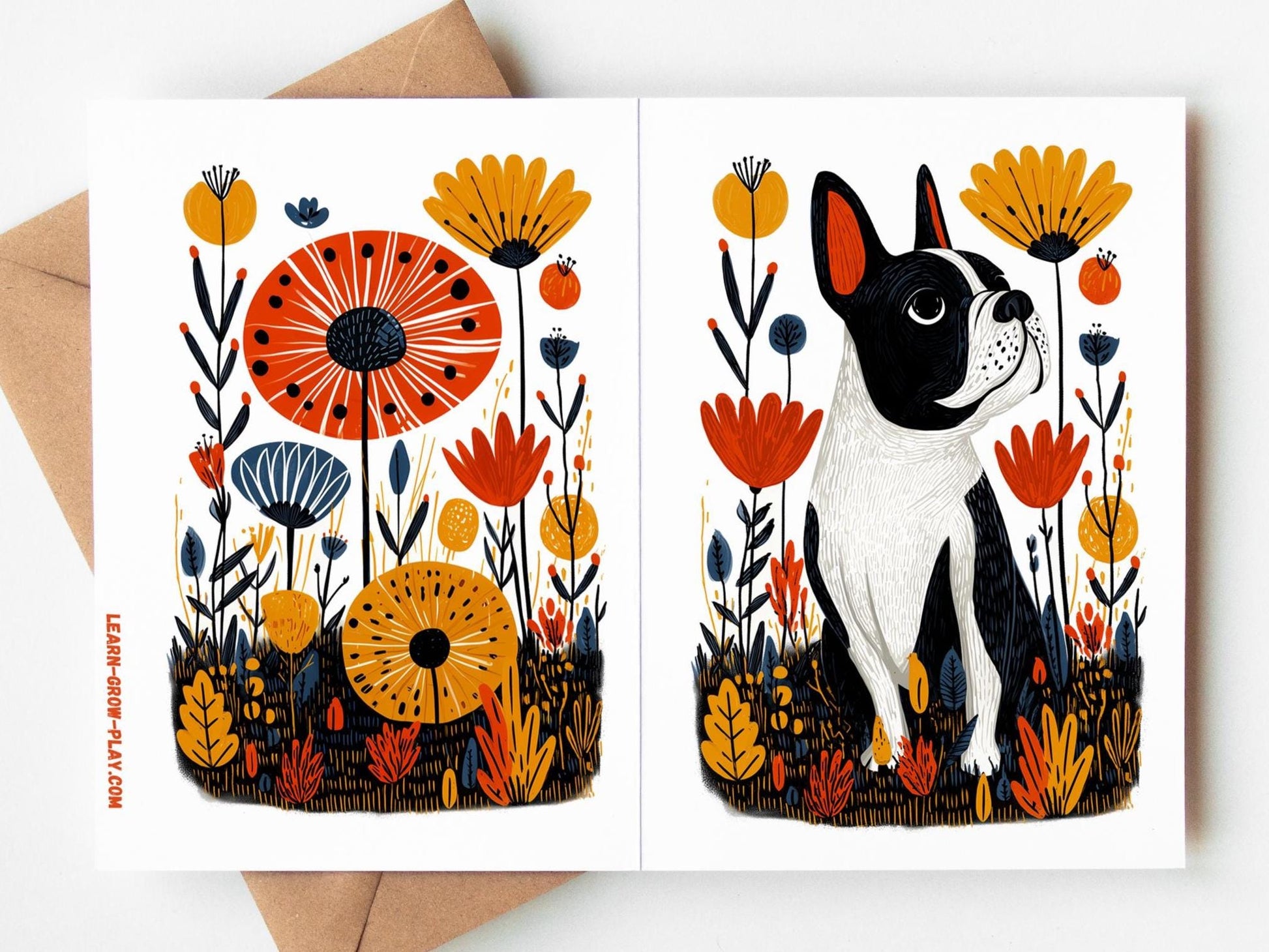French Bulldog folk-art greeting card, blank inside