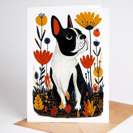 French Bulldog folk-art greeting card, blank inside