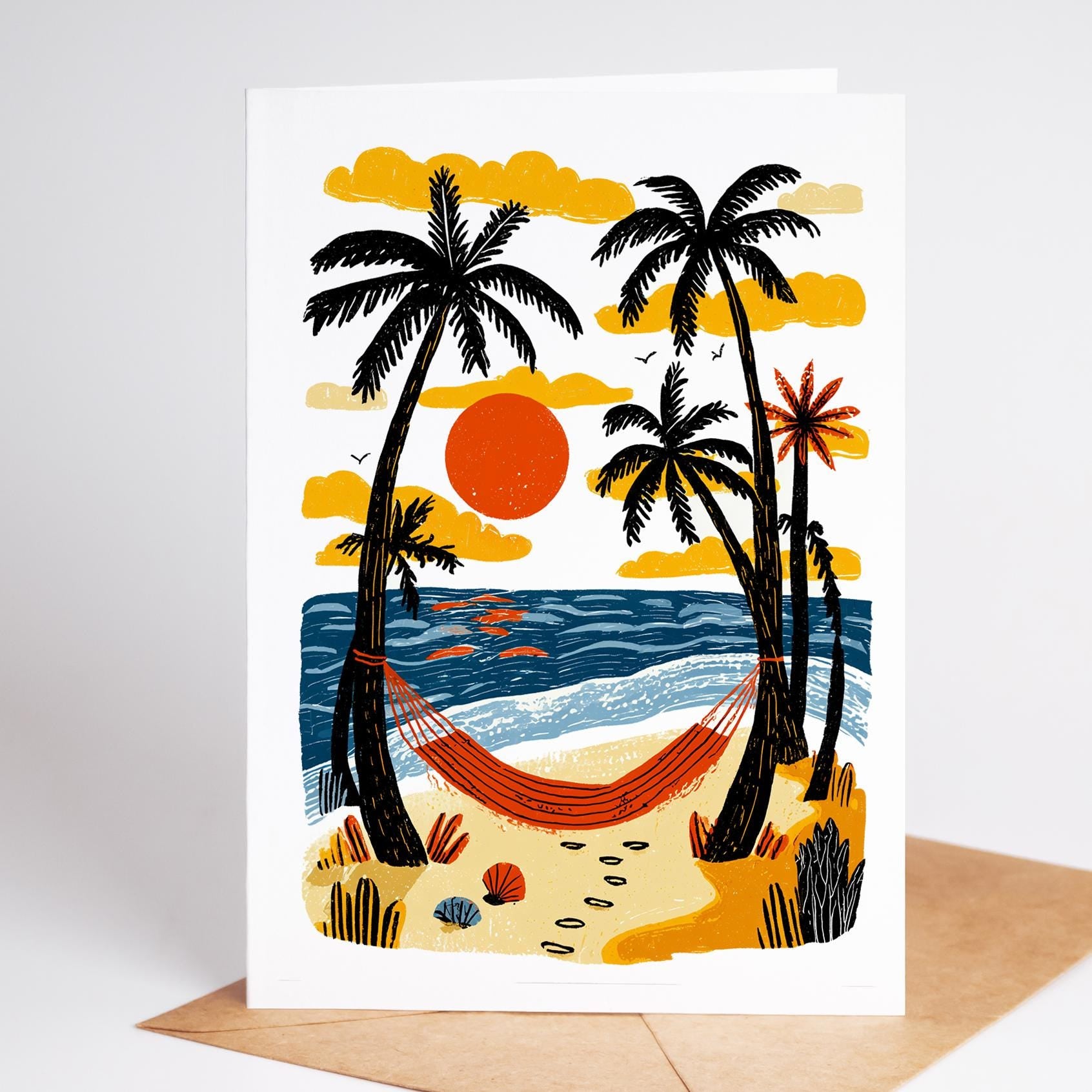 Coastal folk-art greeting card, blank inside