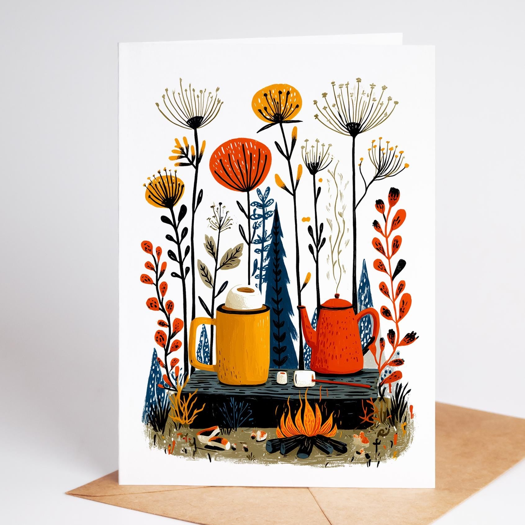 Camping folk-art greeting card, blank inside