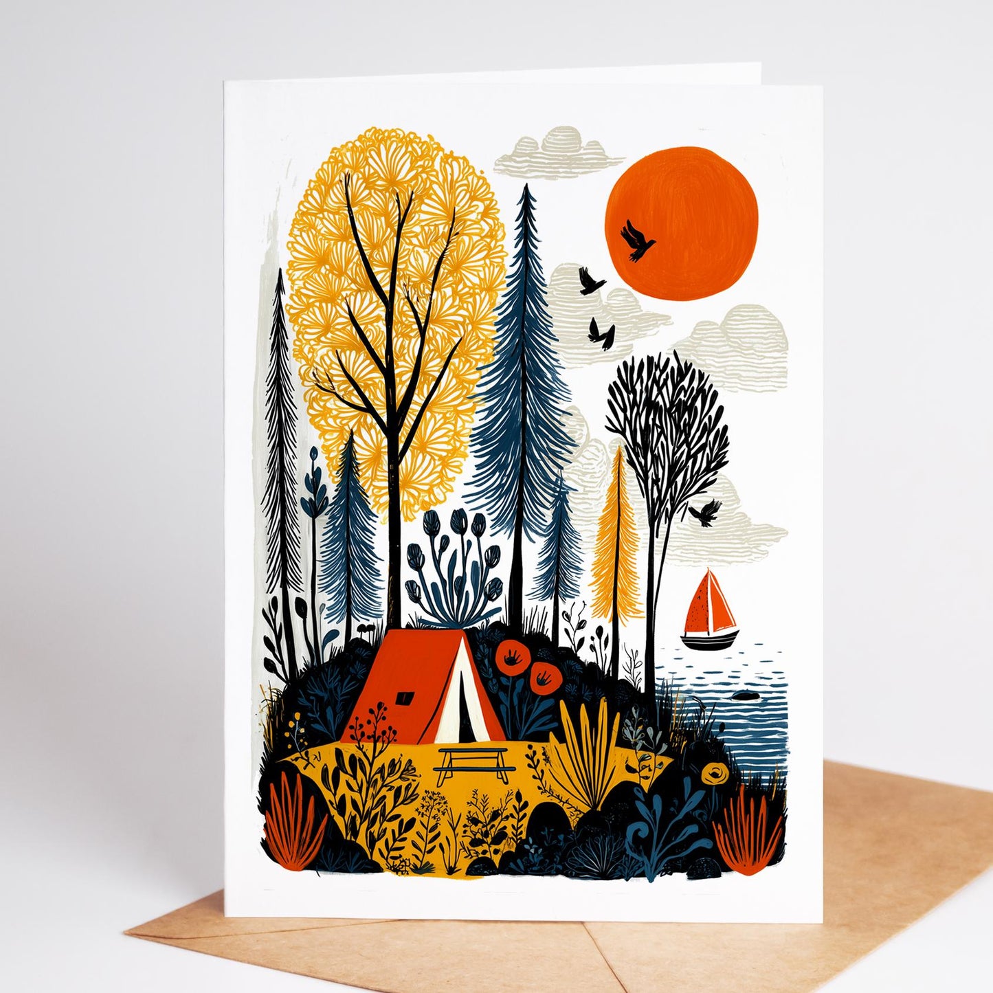 Camping folk-art greeting card, blank inside