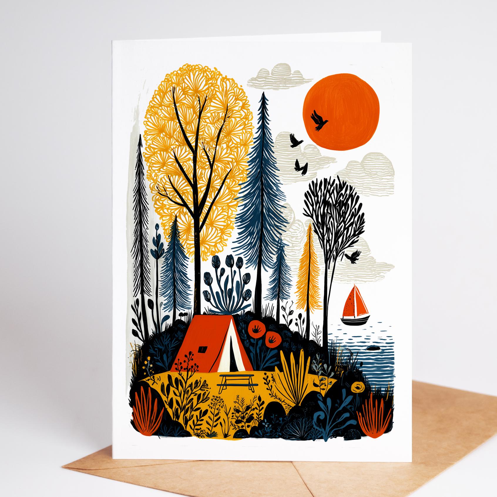 Camping folk-art greeting card, blank inside