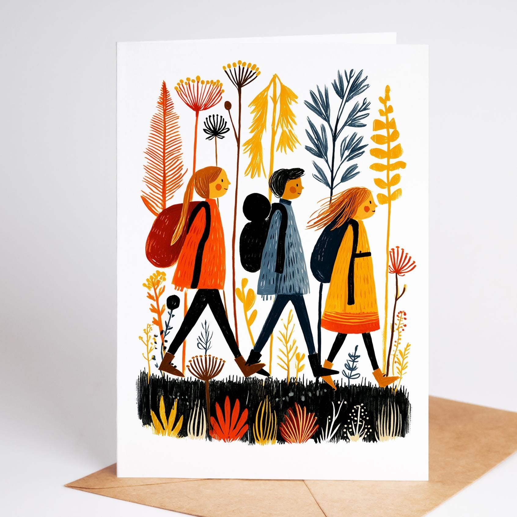 Camping folk-art greeting card, blank inside