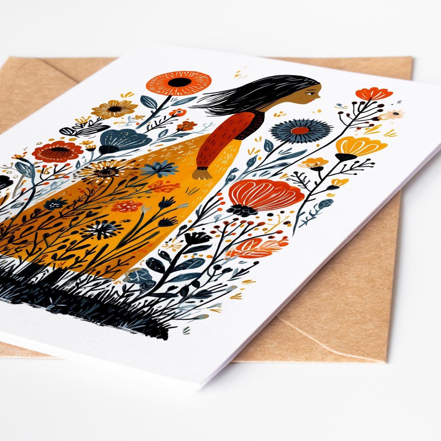 Floral folk-art greeting card, blank inside