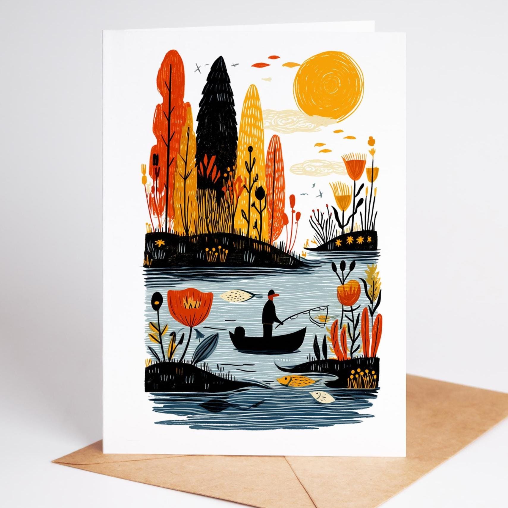 Fishing folk-art greeting card, blank inside