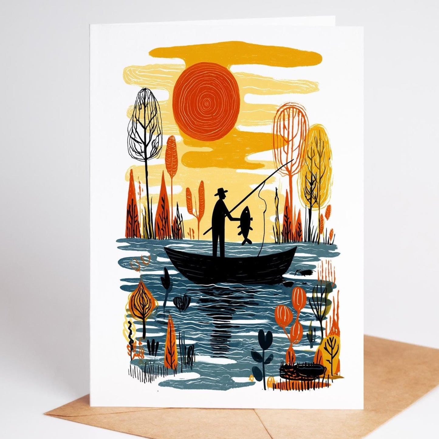 Fishing folk-art greeting card, blank inside