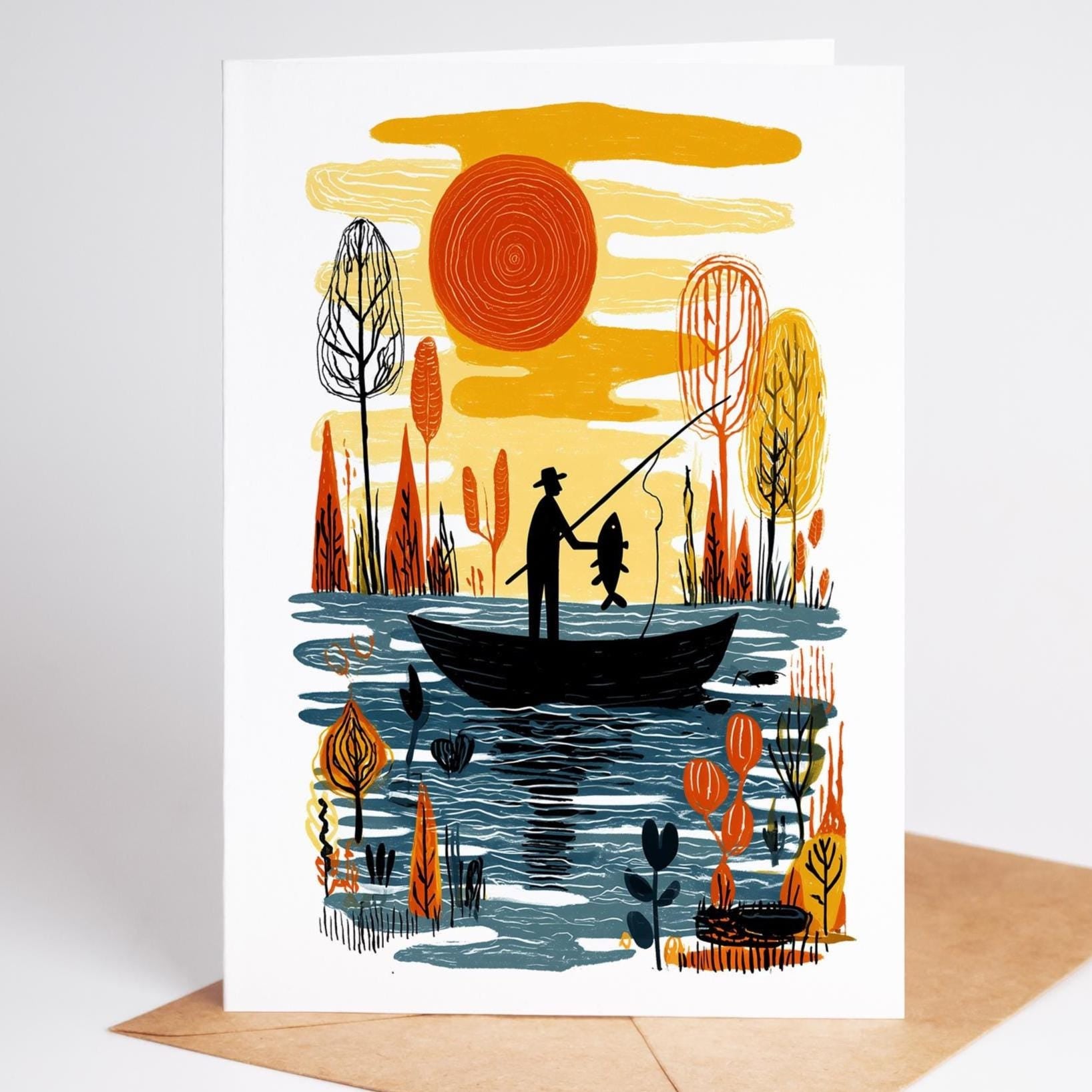 Fishing folk-art greeting card, blank inside