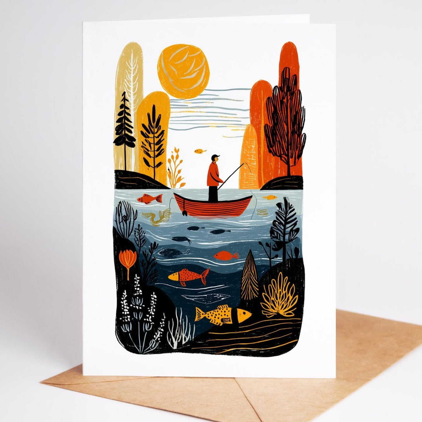 Fishing folk-art greeting card, blank inside