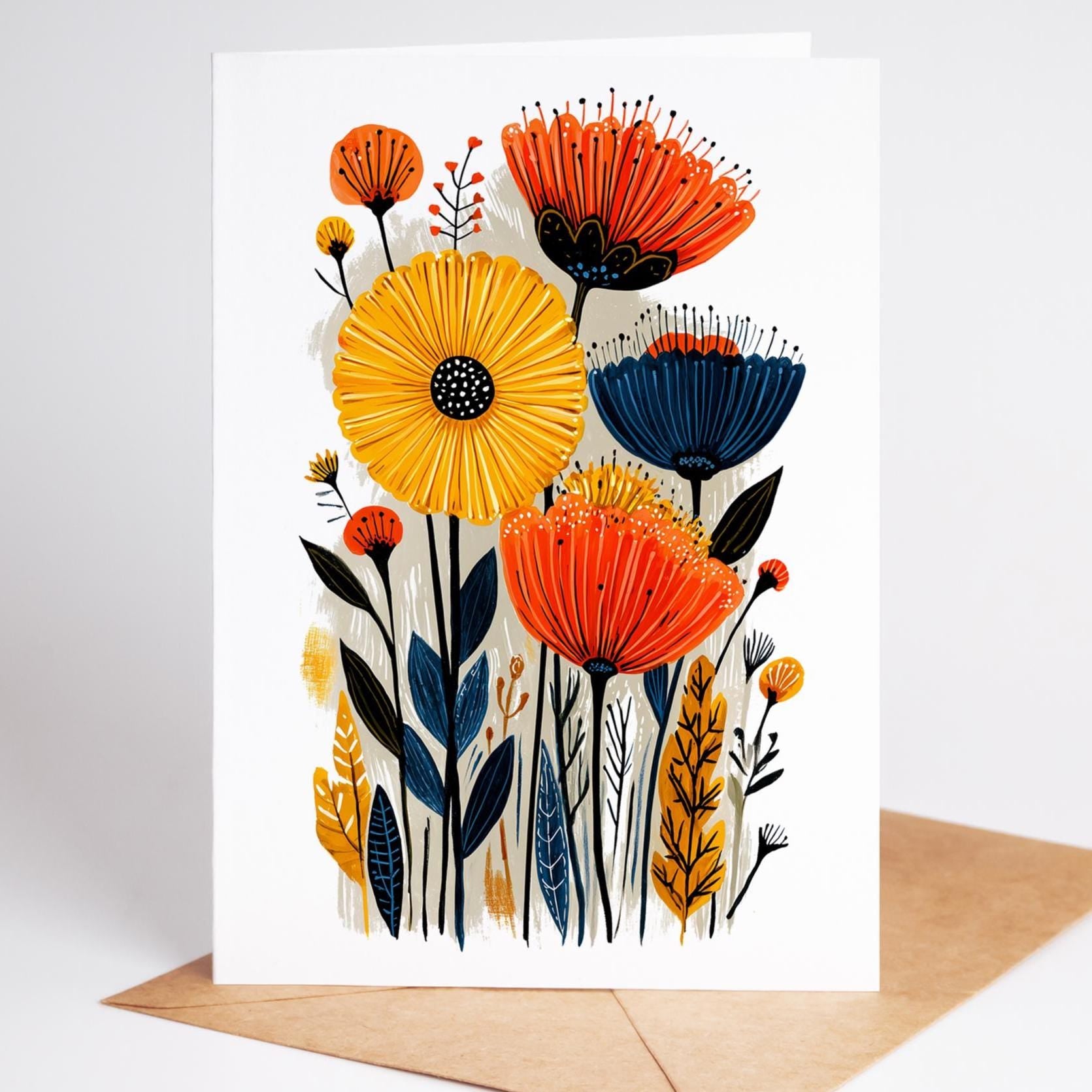 Wildflower folk-art greeting card, blank inside
