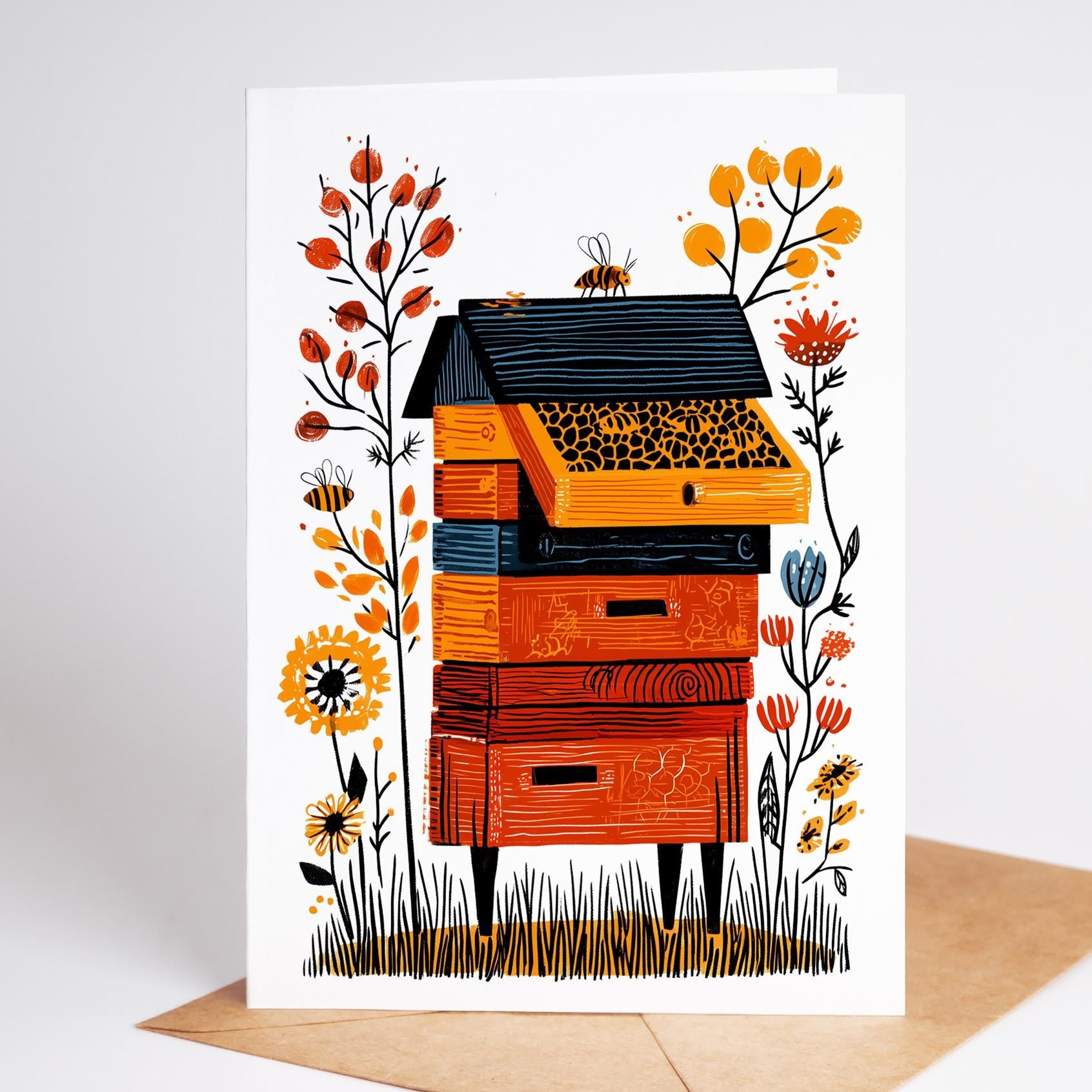 Beekeeping folk-art greeting card, blank inside