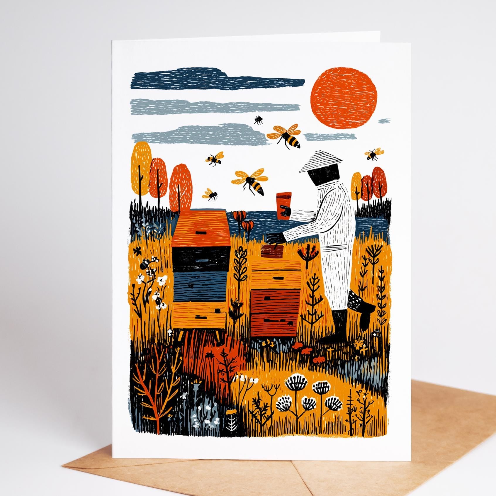 Beekeeping folk-art greeting card, blank inside