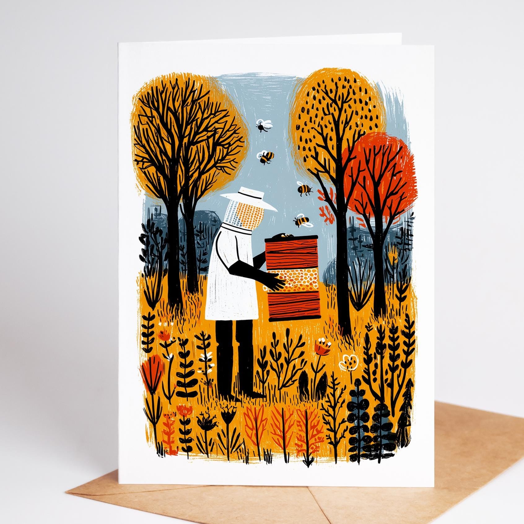 Beekeeping folk-art greeting card, blank inside