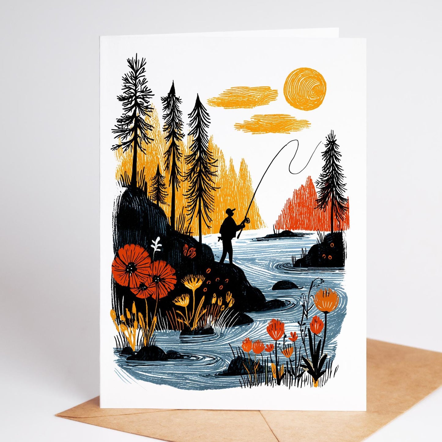 Fly Fishing folk-art greeting card, blank inside