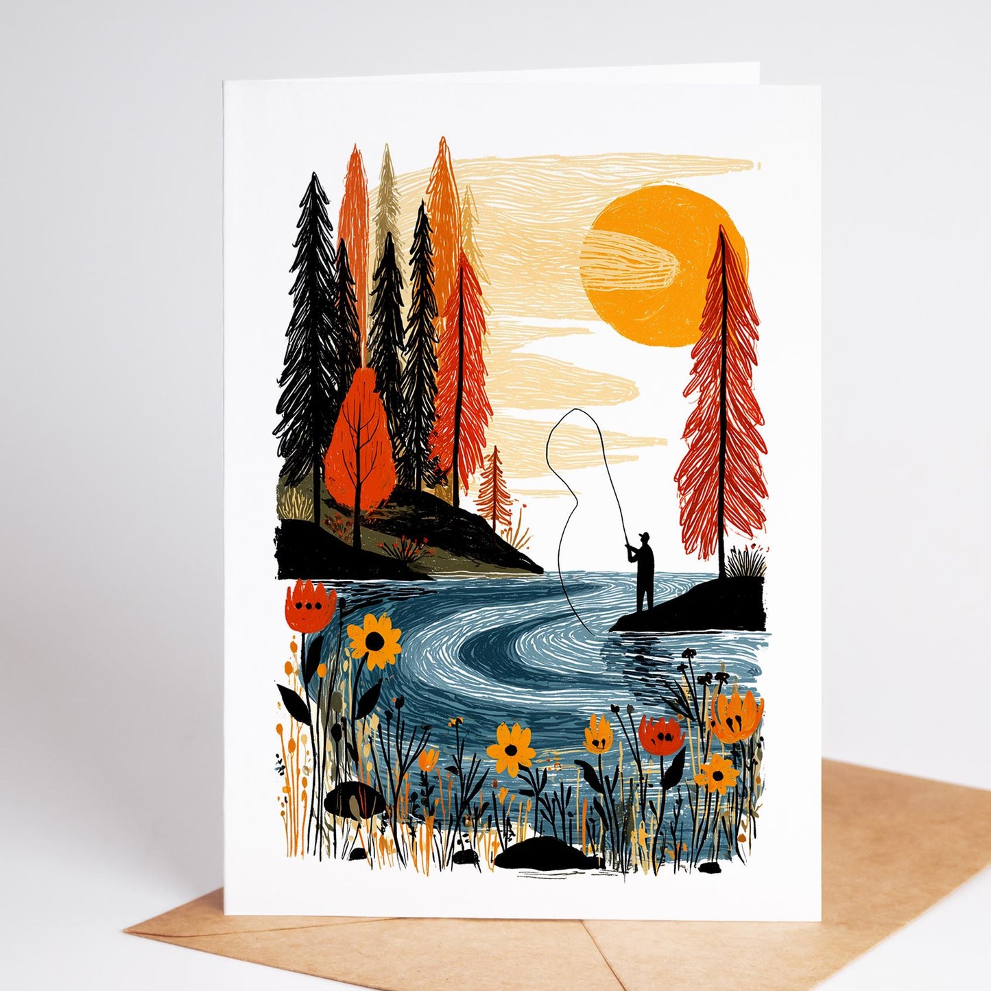 Fly Fishing folk-art greeting card, blank inside