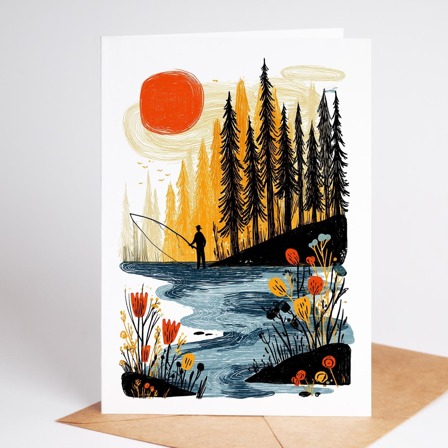 Fly Fishing folk-art greeting card, blank inside