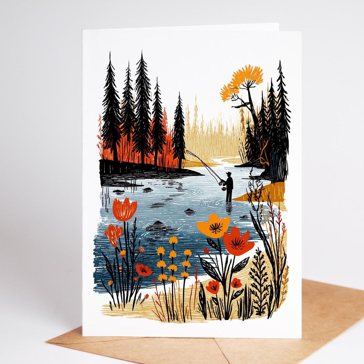 Fly Fishing folk-art greeting card, blank inside